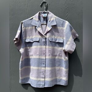 Vintage 70s Light Blues Stripped Short Sleeve Button Down Shirt Size MD